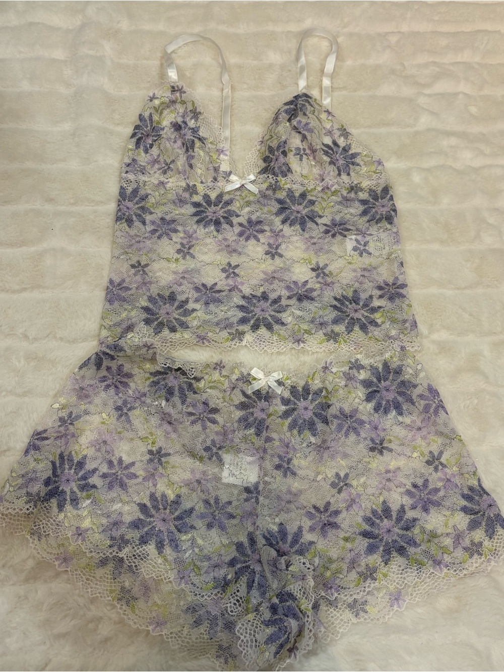 Floral Lace Cami & Shorts Sleep Set - Lavender/White handmade